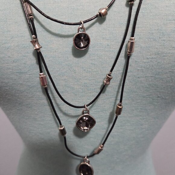 Artisan Smoky Quartz Style Statement Necklace - Leather & Silver-Tone - Picture 2 of 8